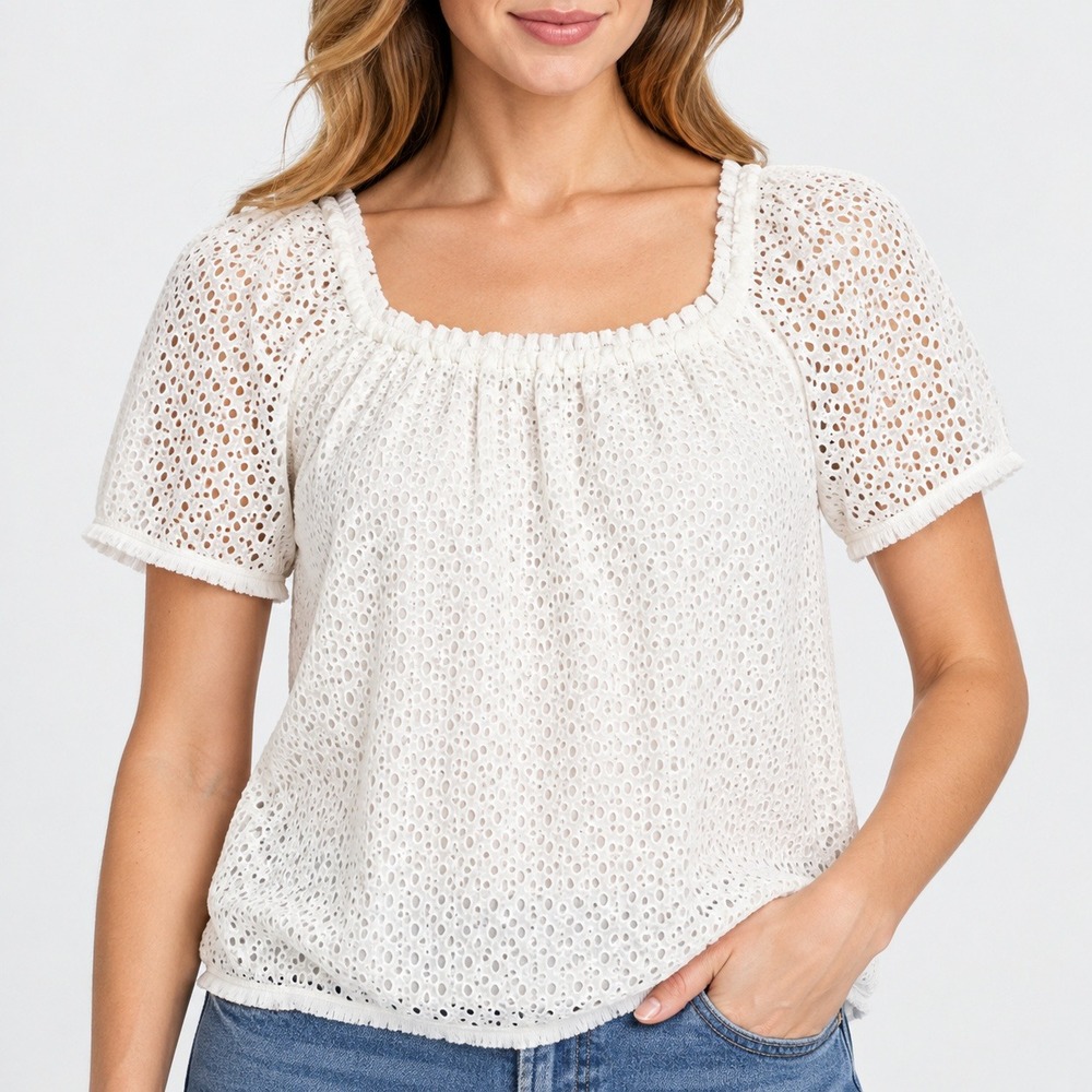 Lilly Pulitzer White Eyelet Lace Square Neck Short Sleeve Blouse Top